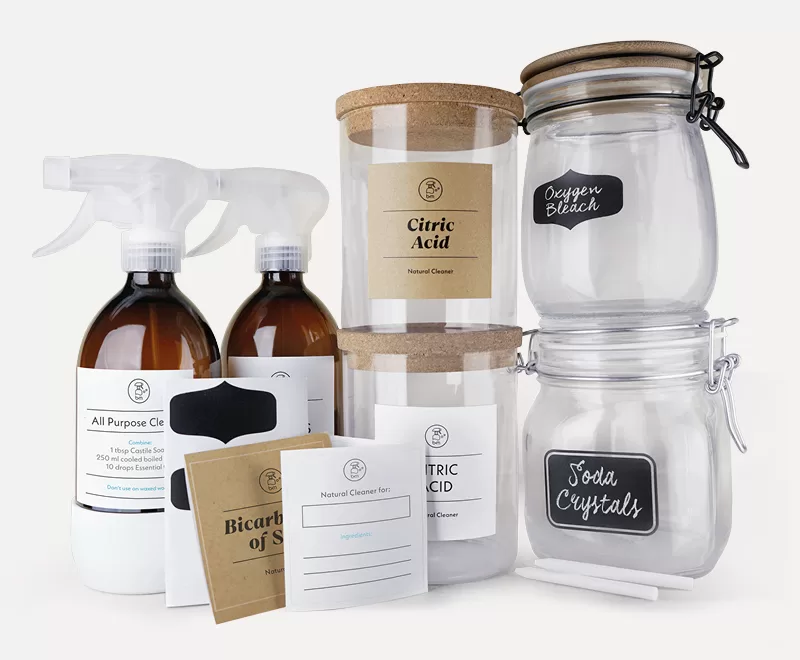Jars, spray bottles and labels