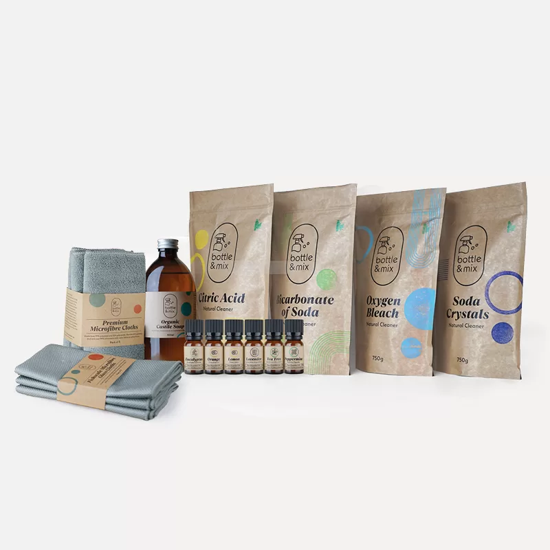 Bottle and Mix Ultimate Kit with five Natural Cleaning Ingredients, Essential Oils and cloths